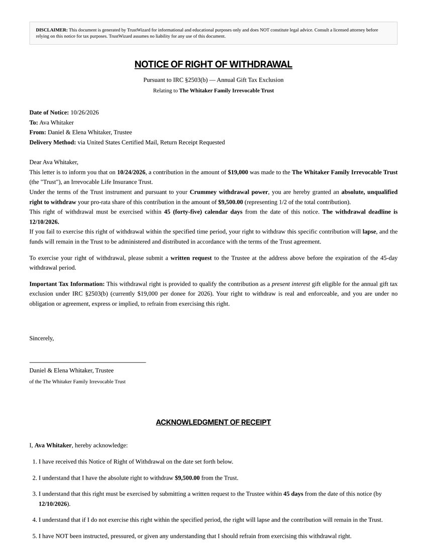A Crummey notice of right of withdrawal generated by Trust Wizard